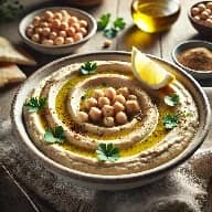 طريقة-عمل-سلطة حمص بالطحينة والليمون في طبق تقديم مزين بالبقدونس مع زيت الزيتون