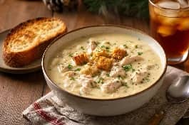 طبق شوربة عميق يحمل شوربة كريمة الدجاج الأمريكية المخملية، بلونها الأبيض الكريمي الغني، تعلوها قطع الدجاج الطرية ومكعبات الخبز المحمص الذهبية المقرمشة ورشة من البقدونس الطازج المفروم، بجانب قطعة خبز ريفي محمصة وكوب شاي مثلج على طاولة خشبية في يوم شتوي