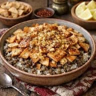 طريقة-عمل-فتة عدس مصرية بالثوم والخل مع الأرز والخبز المحمص تُقدَّم ساخنة