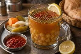 طريقة-عمل-كوب شفاف من حمص الشام المصري الساخن بحبات الحمص الذهبية في قاع الكوب وماء التتبيلة الأحمر المتبل بالكمون والشطة مع عصرة ليمون طازج على الوجه