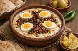 طريقة-عمل-طبق كشك مصري بالبيض في قصعة فخار، يظهر البيض المسلوق مغطى بصلصة الكشك الكريمية وعليه 'تقوير' البصل المحمر