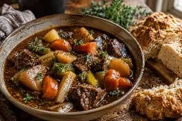 طبق تقديم عميق يحمل يخنة لحم أيرلندية غنية وداكنة، قطع لحم بقري طري يذوب في الفم مع مكعبات الجزر والجزر الأبيض والبطاطس والكرفس في مرق كثيف بنكهة الجعة الداكنة، مزينة بأوراق الزعتر الطازج والبقدونس، بجانب رغيف خبز صودا أيرلندي طازج على طاولة خشبية ريفية