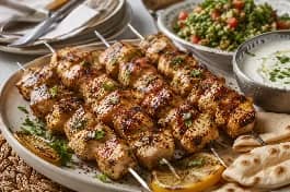 طريقة-عمل-أسياخ كباب دجاج لبناني مشوي بألوان ذهبية وعلامات شواء، مزين بشرائح الليمون المشوي والبقدونس الطازج، يقدم مع خبز عربي وسلطة