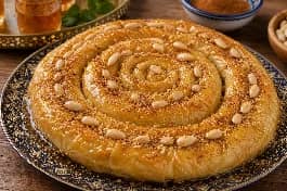 محنشة لوز مغربية ذهبية ومورقة على شكل حلزوني مزينة باللوز المقشر والقرفة وماء الزهر مع عسل مصبوب على الوجه