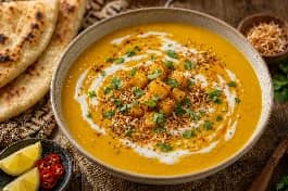 طبق شوربة عدس أحمر بالقرع وجوز الهند بقوام مخملي مزينة بحليب جوز الهند والكزبرة الطازجة مع خبز صومالي