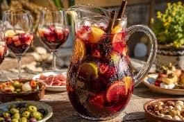 إبريق زجاجي كبير مليء بكوكتيل سانجريا إسبانية بلون ياقوتي عميق، يطفو فيه مكعبات الثلج وشرائح البرتقال والليمون والتفاح الأخضر وقطع الفراولة والتوت، مع أعواد القرفة ونجوم اليانسون، وحوله أكواب نبيذ ممتلئة وأطباق من التاباس الإسبانية على طاولة خارجية مشمسة