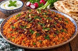 طبق برغل بالبندورة والبصل المحمر سوري، حبات برغل خشنة مفلفلة في صلصة طماطم غنية بالبصل المحمر الذهبي، مزين بالصنوبر المحمص والبقدونس، مع لبن رائب وخبز عربي