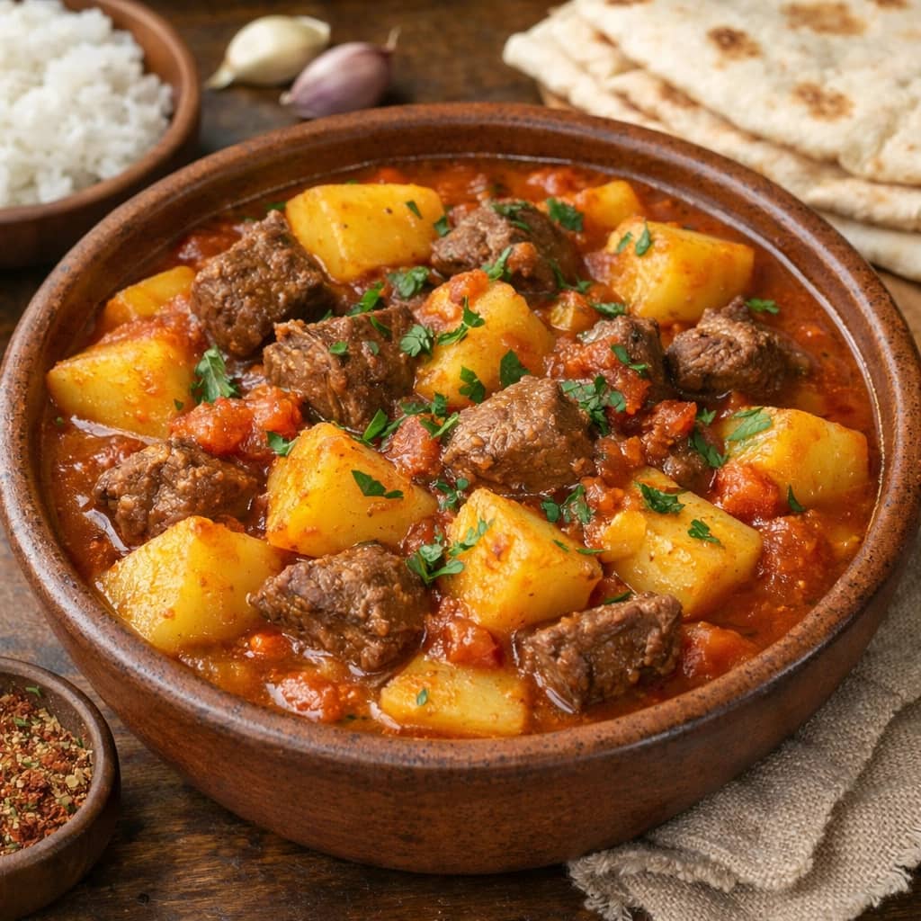 طريقة-عمل-يخنة بطاطس باللحم على الطريقة العربية مطهية في صلصة طماطم خفيفة وتُقدَّم ساخنة