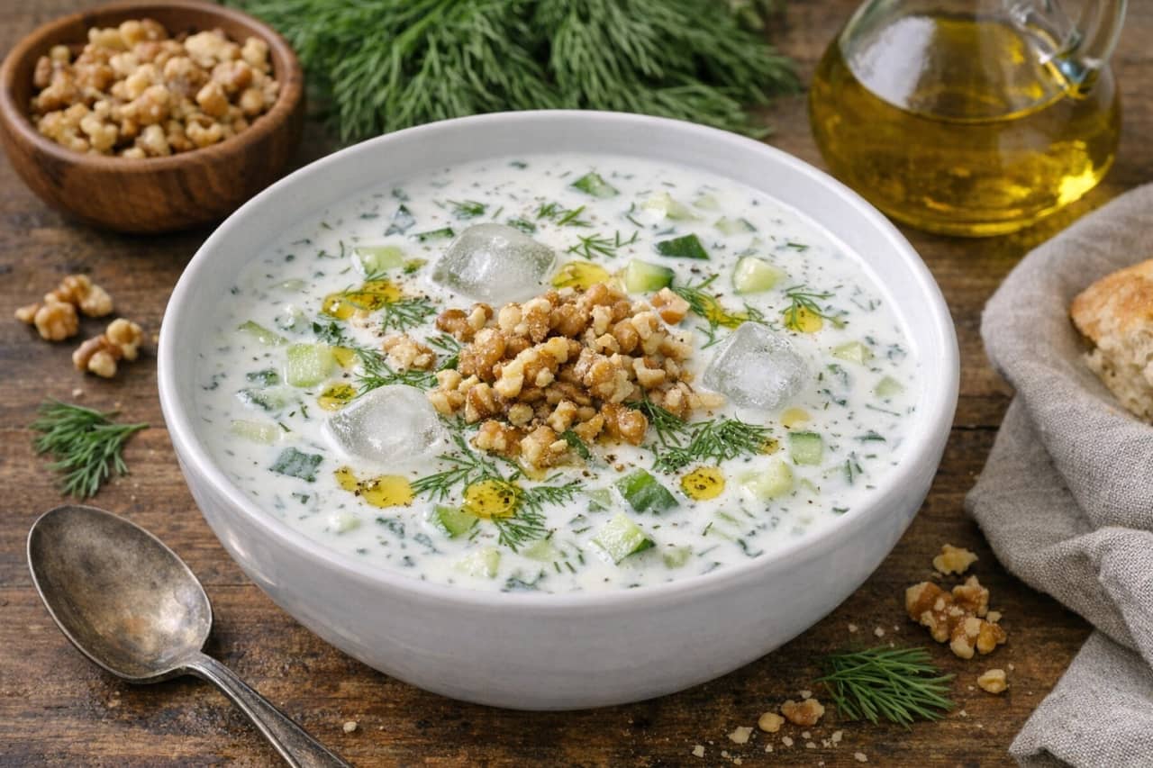 طريقة-عمل-وعاء شوربة تاراتور بلغارية باردة بيضاء كريمية مع مكعبات الخيار والجوز المجروش والشبت الطازج وزيت الزيتون