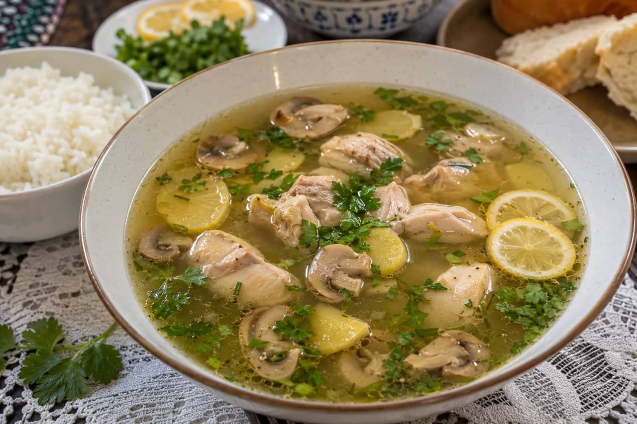 طبق شوربة دجاج بالمشروم والزنجبيل من جزر القمر، مرق شفاف مع قطع دجاج ومشروم وشرائح زنجبيل طازج، مزينة بالكزبرة الخضراء وشرائح الليمون