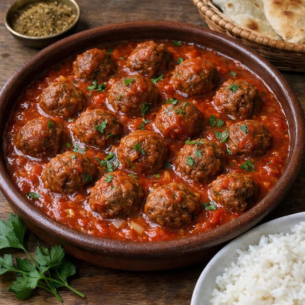طريقة-عمل-كفتة داوود باشا مصرية مطهية في صلصة طماطم غنية وتُقدَّم ساخنة