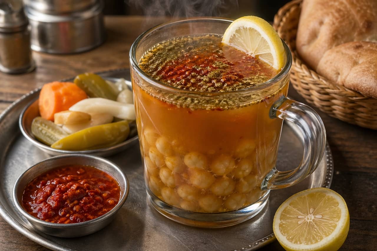 طريقة-عمل-كوب شفاف من حمص الشام المصري الساخن بحبات الحمص الذهبية في قاع الكوب وماء التتبيلة الأحمر المتبل بالكمون والشطة مع عصرة ليمون طازج على الوجه