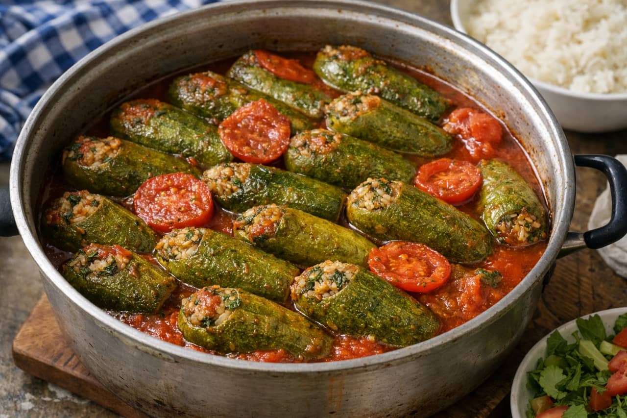 طريقة-عمل-طبق محشي كوسة مصري في حلة، حبات كوسة محشوة بالأرز والخلطة الخضراء ومطهوة في صلصة طماطم حمراء