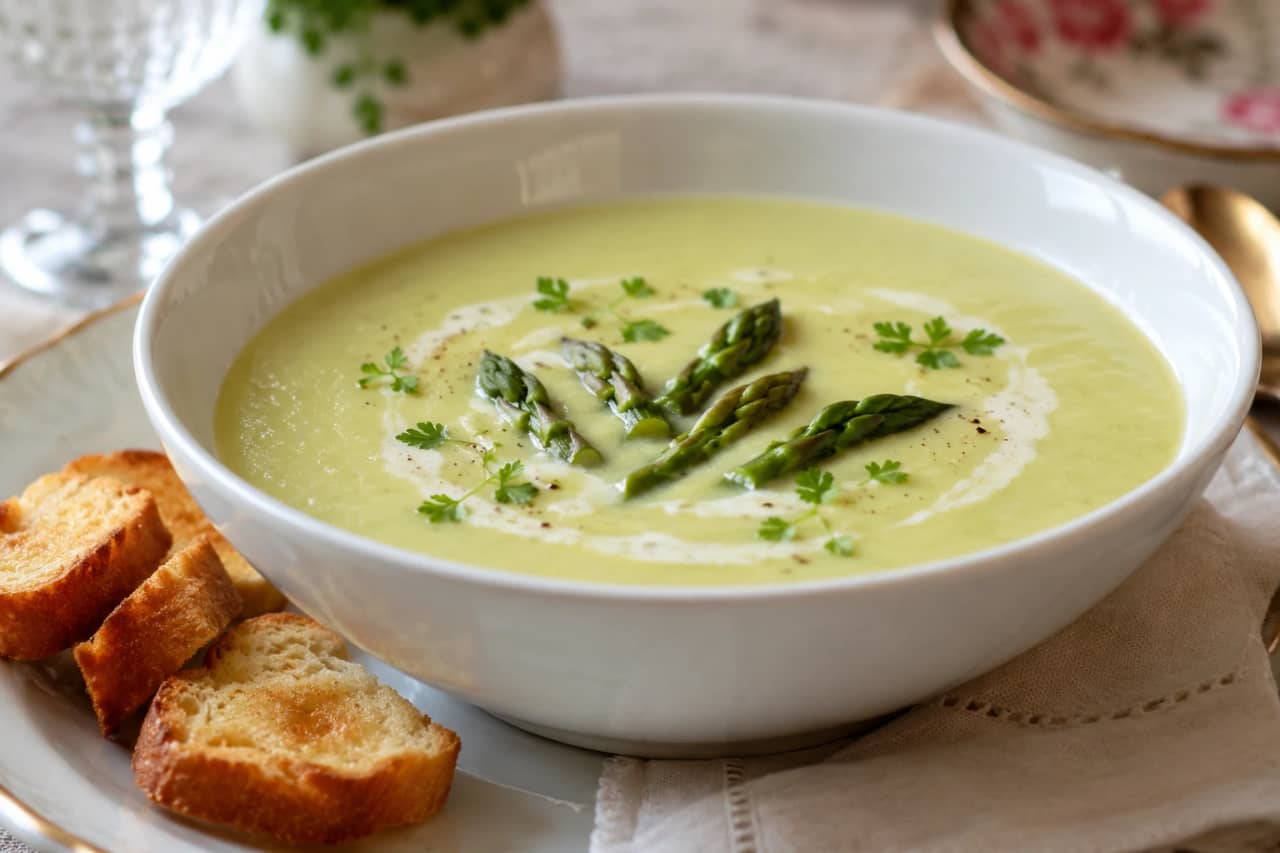 طبق شوربة أبيض عميق يحمل شوربة كريمة الهليون الفرنسية المخملية بلونها الأخضر الفاتح، مزينة برؤوس الهليون المسلوقة الطرية، ورذاذ من الكريمة الطازجة، وأوراق البقدونس أو الكراوية الصغيرة، مع قطع خبز محمصة بالزبدة على طاولة أنيقة