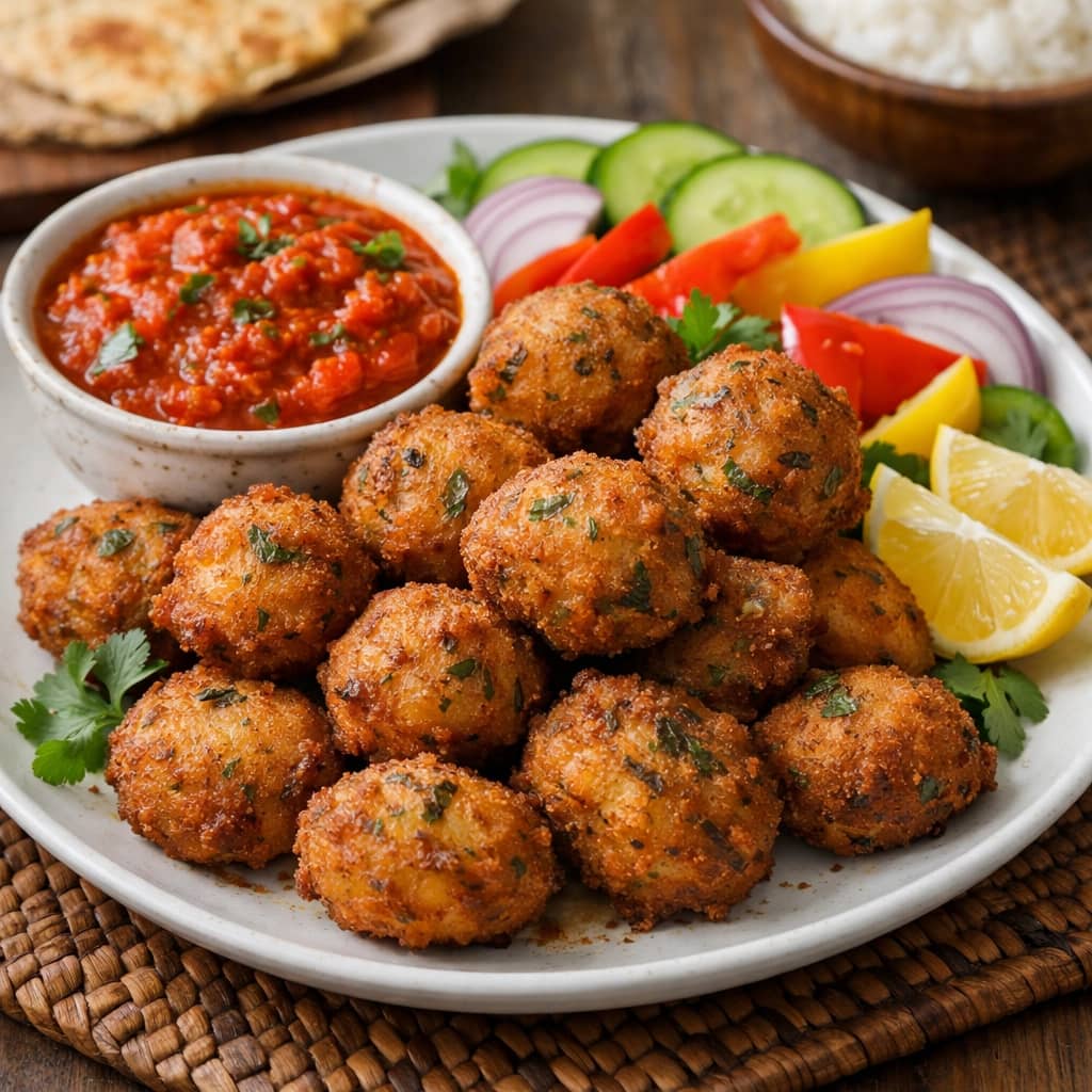 طريقة-عمل-طبق أكرا السمك الغاني - كرات السمك الذهبية المقرمشة مع صلصة حارة وخضار طازجة - طبق جانبي غاني أصيل