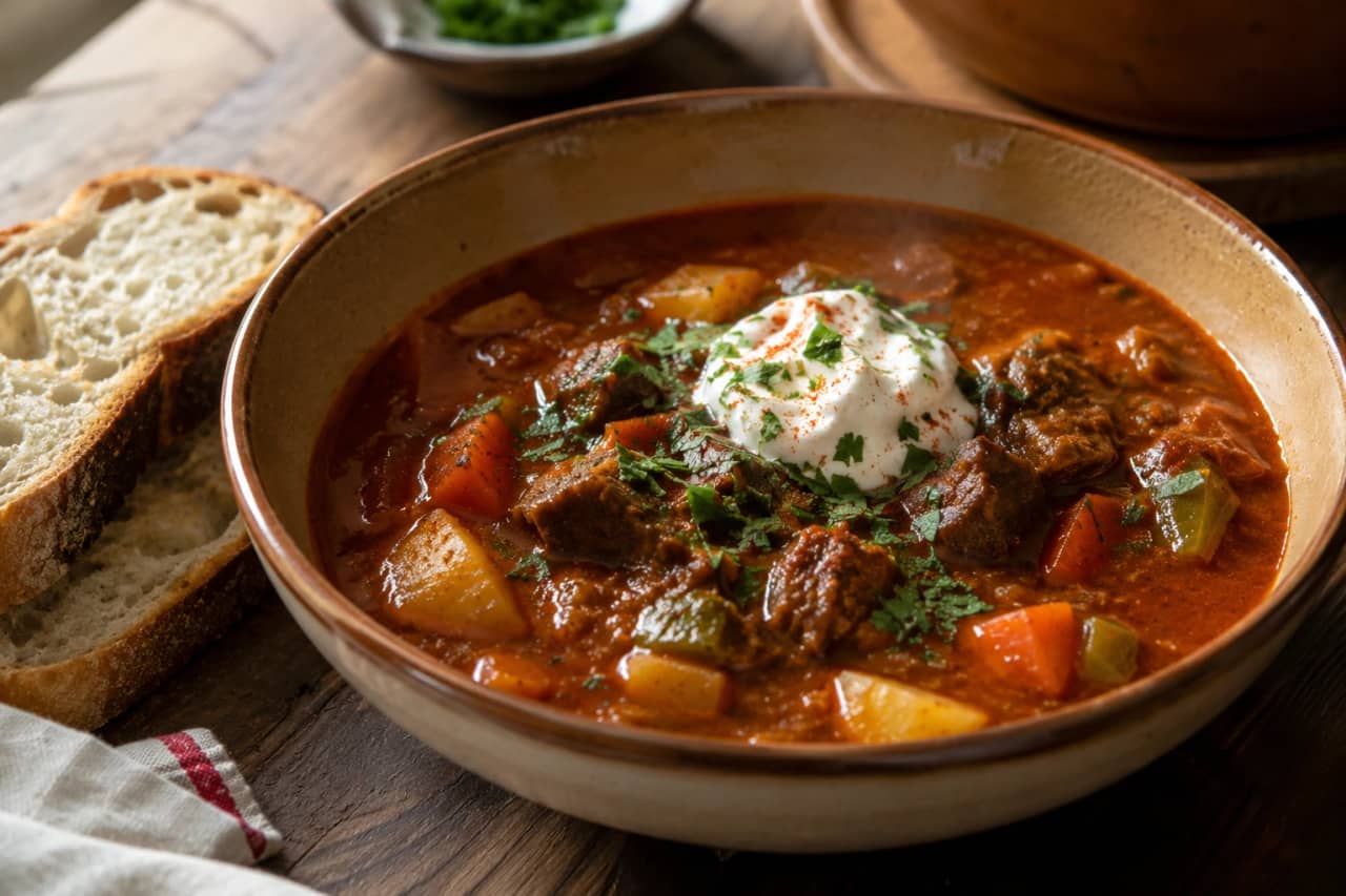 طبق عميق من شوربة جولاش اللحم المجري بالبابريكا والبطاطس، غني باللون الأحمر القاني مع قطع لحم بقري طري وبطاطس وجزر، مزين بالبقدونس الطازج وملعقة من القشدة الحامضة، يقدم مع خبز قروي مقرمش