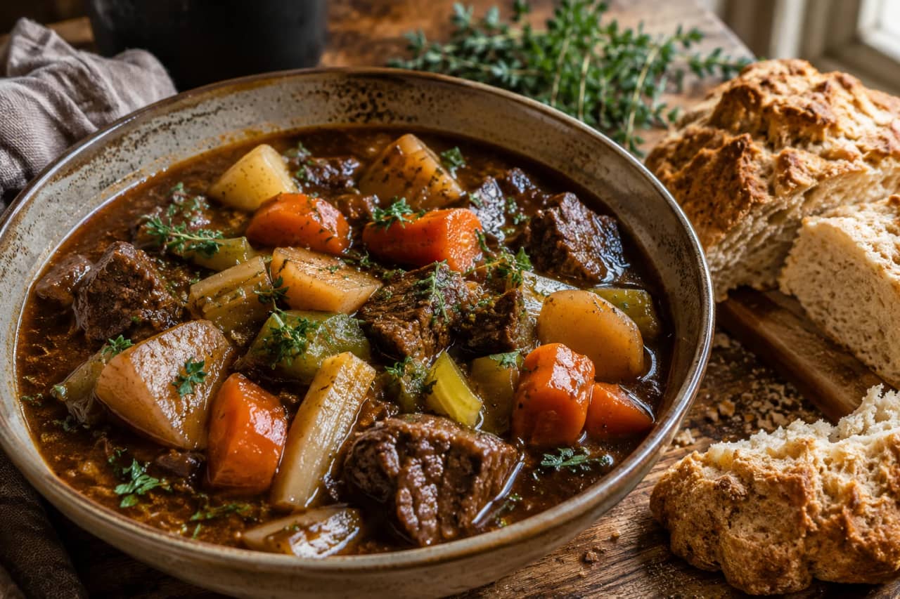 طبق تقديم عميق يحمل يخنة لحم أيرلندية غنية وداكنة، قطع لحم بقري طري يذوب في الفم مع مكعبات الجزر والجزر الأبيض والبطاطس والكرفس في مرق كثيف بنكهة الجعة الداكنة، مزينة بأوراق الزعتر الطازج والبقدونس، بجانب رغيف خبز صودا أيرلندي طازج على طاولة خشبية ريفية