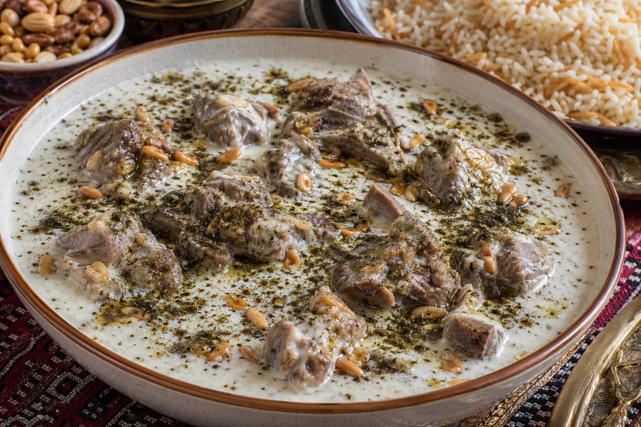 طريقة-عمل-طبق لبنية أردني تقليدي بقطع اللحم الضاني في مرق زبادي كريمي مع النعناع الجاف والأرز المفلفل