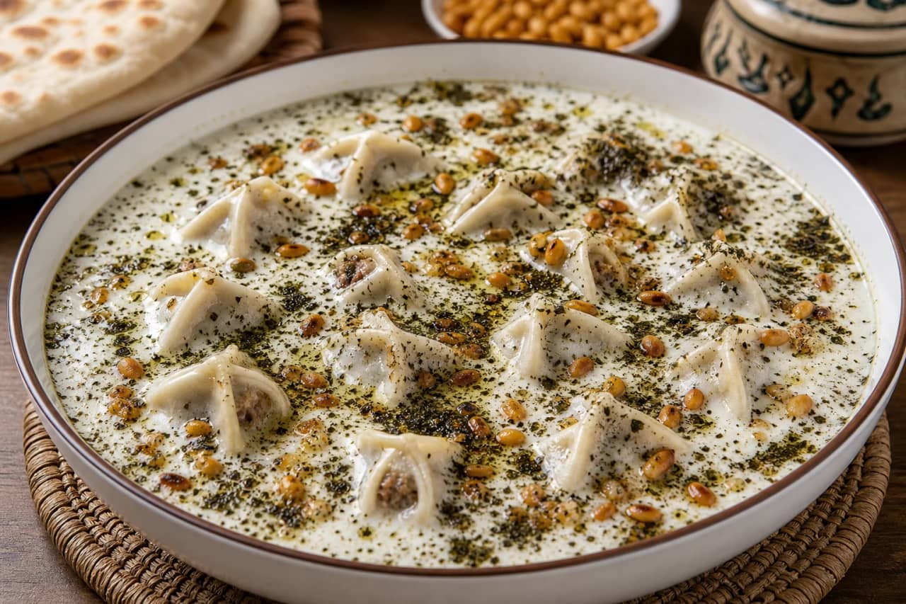 طبق تشيش برك أردني تقليدي بحبات البرك المحشوة باللحم تسبح في مرق اللبن الساخن المزين بالنعناع الجاف والصنوبر المحمص