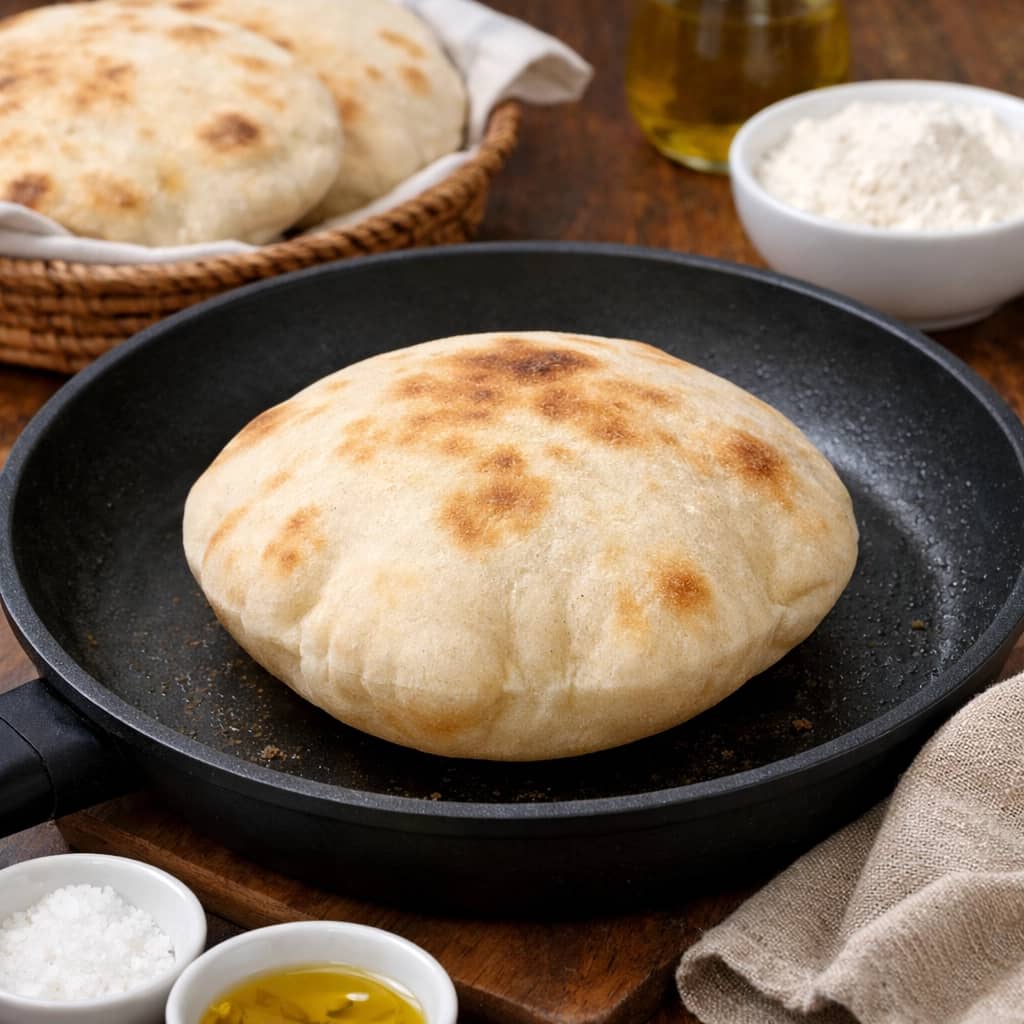 طريقة-عمل-خبز عربي لبناني منزلي مخبوز في المقلاة مع انتفاخ مثالي