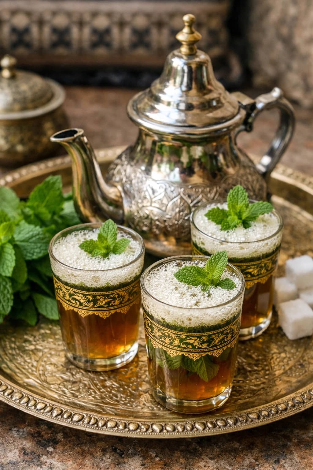 طريقة-عمل-شاي مغربي بالنعناع يُحضَّر بالطريقة التقليدية ويُقدَّم ساخنًا برغوة خفيفة