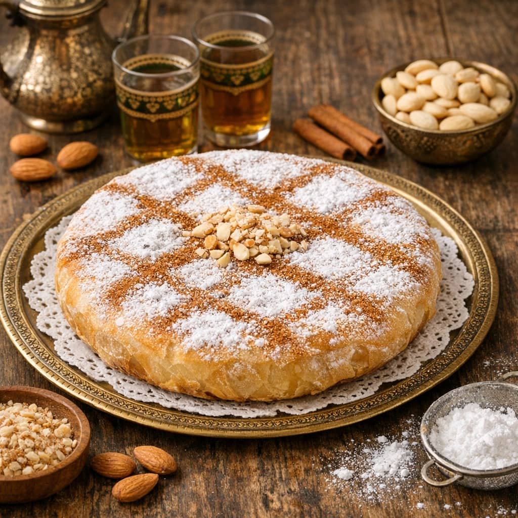 طريقة-عمل-بسطيلة مغربية محشوة باللوز والقرفة ومغطاة بالسكر البودرة