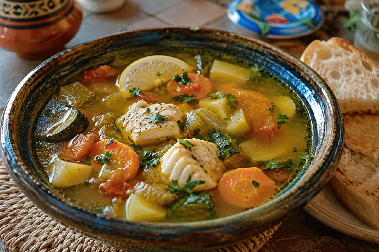 طريقة-عمل-شوربة سمك مغربية صافية وذهبية بالخضار والزعفران، قطع سمك طريّة وجزر وكوسا في مرق شفاف مع أعواد الكرفس والكزبرة الطازجة