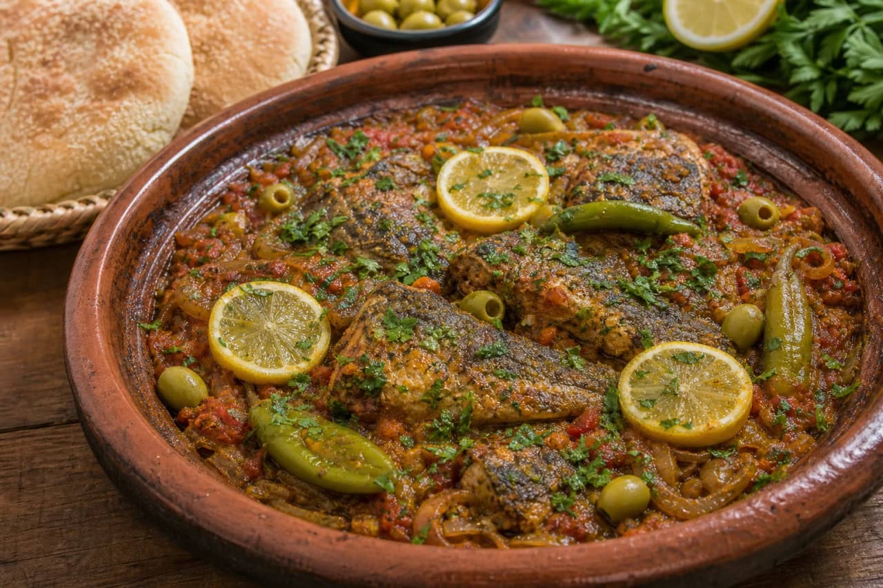 طاجن قلاية سمك مغربي بصلصة الطماطم والبصل والفلفل الحار والكزبرة، مع قطع السمك الذهبية وشرائح الليمون والخبز المغربي