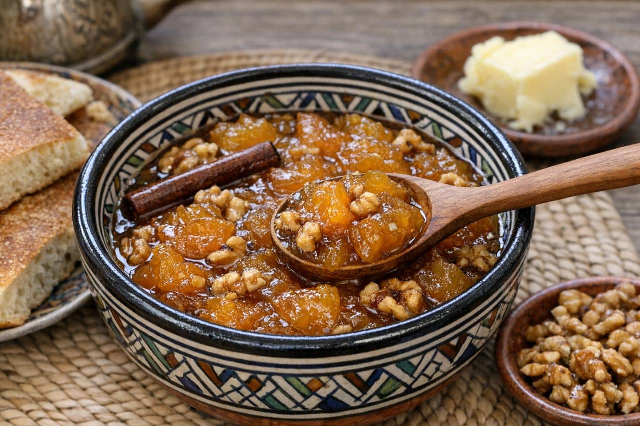 طريقة-عمل-طبق فخار مغربي مزخرف يحتوي على مربى القرع العسلي الذهبي بقطع الجوز والقرفة، مع ملعقة خشب وخبز مغربي محمص وزبدة