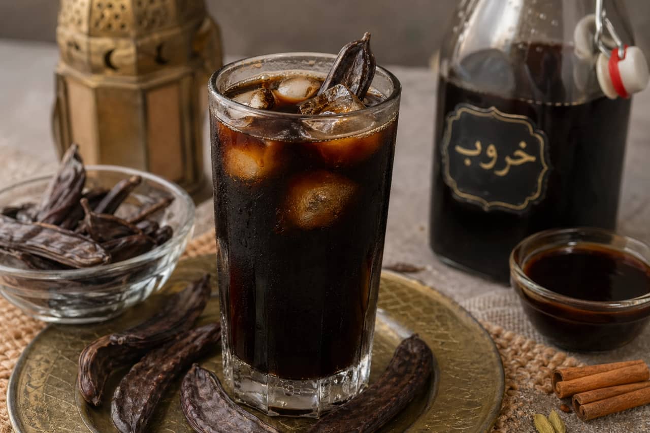 كوب زجاجي طويل من مشروب الخروب البارد الداكن مع مكعبات ثلج وحبات خروب كاملة للتزيين على طاولة رمضانية