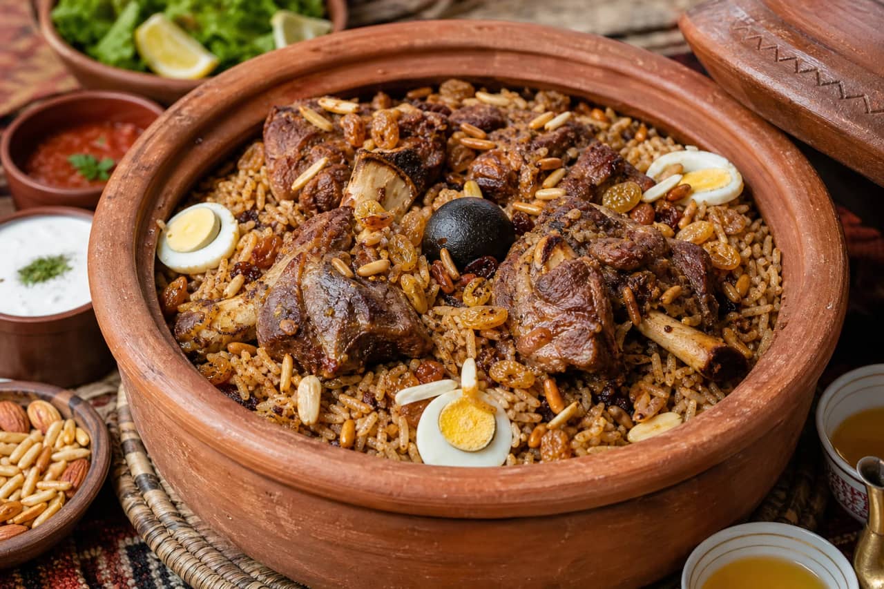 طبق رز حساوي سعودي في قدر فخاري، أرز بني مدخن مفلفل مع قطع لحم ضأن متبلة بالبهارات الخليجية واللومي، مزين بالمكسرات والزبيب على مائدة تراثية أحسائية