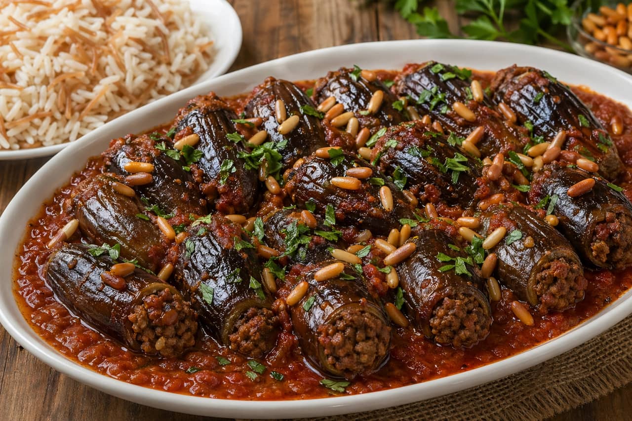 طريقة-عمل-طبق شيخ المحشي اللبناني باذنجان محشو باللحم والصنوبر في صلصة الطماطم المكرملة مع أرز بالشعيرية