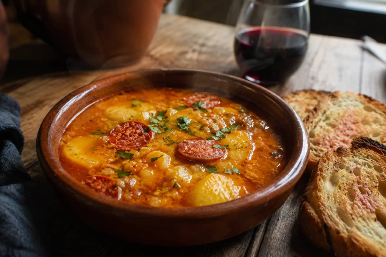 طبق فخاري إسباني تقليدي يحمل شوربة البطاطا الحارة مع قطع chorizo الإسباني الأحمر الزاهي، البطاطا المهروسة جزئياً في مرق مدخن غني، مزينة بأوراق البقدونس الطازج ورذاذ زيت الزيتون، بجانب خبز ريفي محمص وكأس نبيذ أحمر إسباني