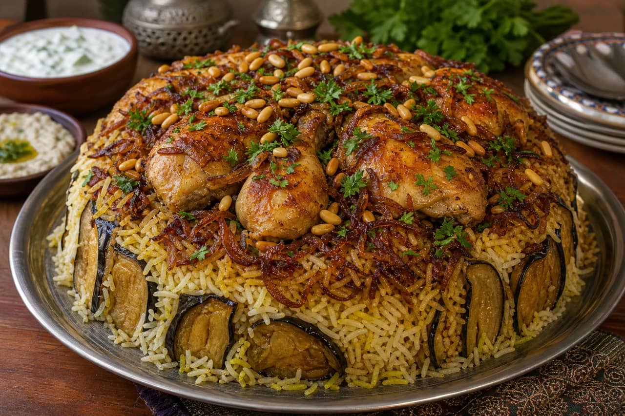 طبق مجلوبة دجاج سورية مقلوبة بشكل مثالي تظهر طبقات الأرز المفلفل والباذنجان والدجاج مع البصل المكرمل والصنوبر المحمص