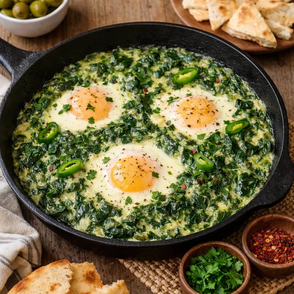 طريقة-عمل-شكشوكة خضراء تونسية بالسبانخ والكريمة مع بيض طري في مقلاة
