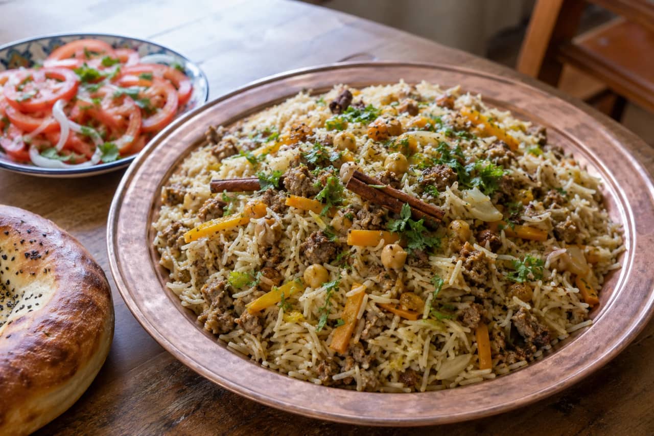طبق تقديم نحاسي كبير يحمل أرز بخاري أوزبكي مفلفل بلون ذهبي، مخلوط باللحم المفروم والجزر الأصفر والبصل والحمص والزبيب، مزين بأعواد القرفة والكمون، بجانب سلطة طماطم وبصل وخبز نان أوزبكي