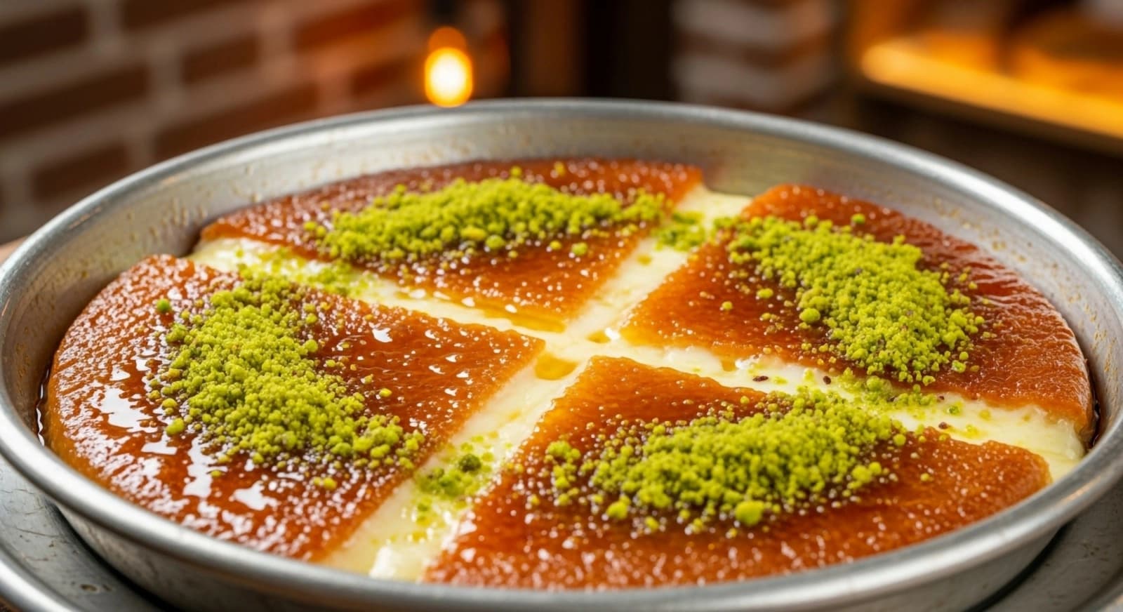 بسبوسة بالقشطة المصرية بطبقات من السميد الذهبي المحشو بالقشطة الكريمية والمقدمة بشكل منزلي شهي