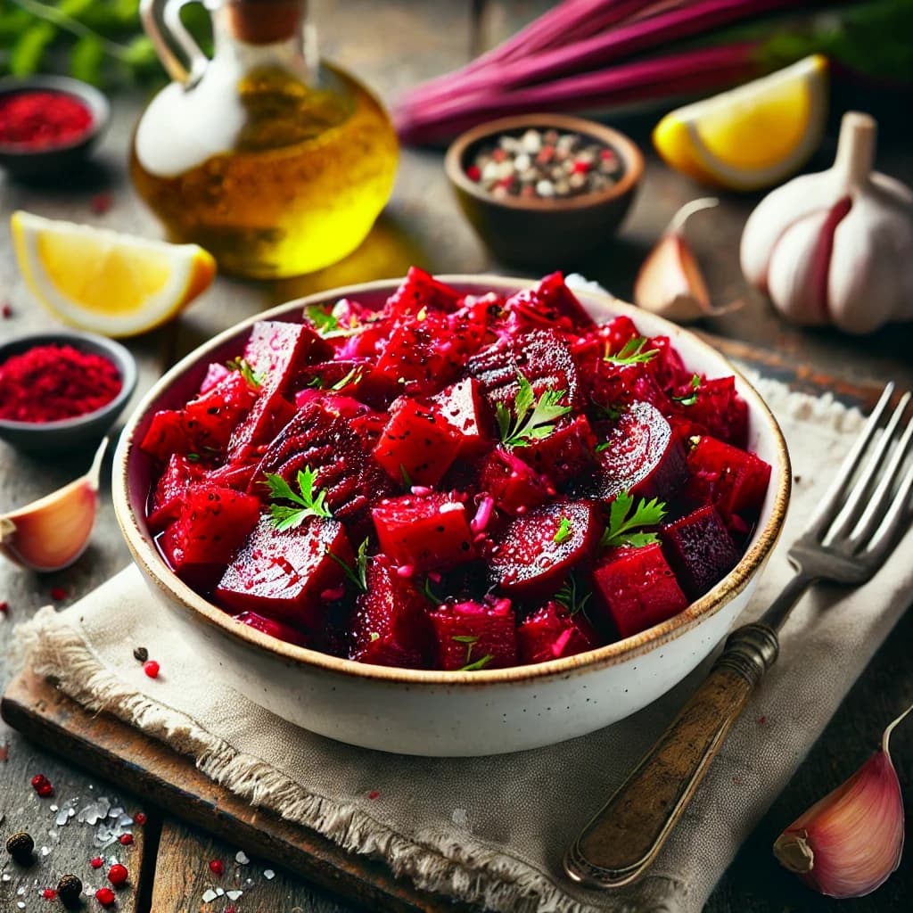 سلطة بنجر بالثوم والزيت في طبق أبيض مع لمسة زيت زيتون
