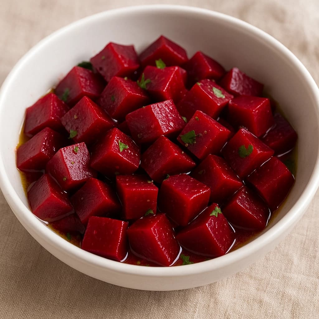 سلطة البنجر بالزيت والليمون محضرة منزليًا بشرائح بنجر مسلوقة مع زيت زيتون وعصير ليمون ومقدمة كطبق جانبي صحي
