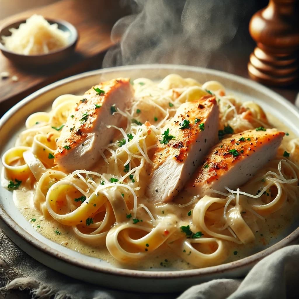 مكرونة ألفريدو بالدجاج بصلصة كريمية غنية وجبن بارميزان مع شرائح دجاج طرية مقدمة بطريقة منزلية شهية