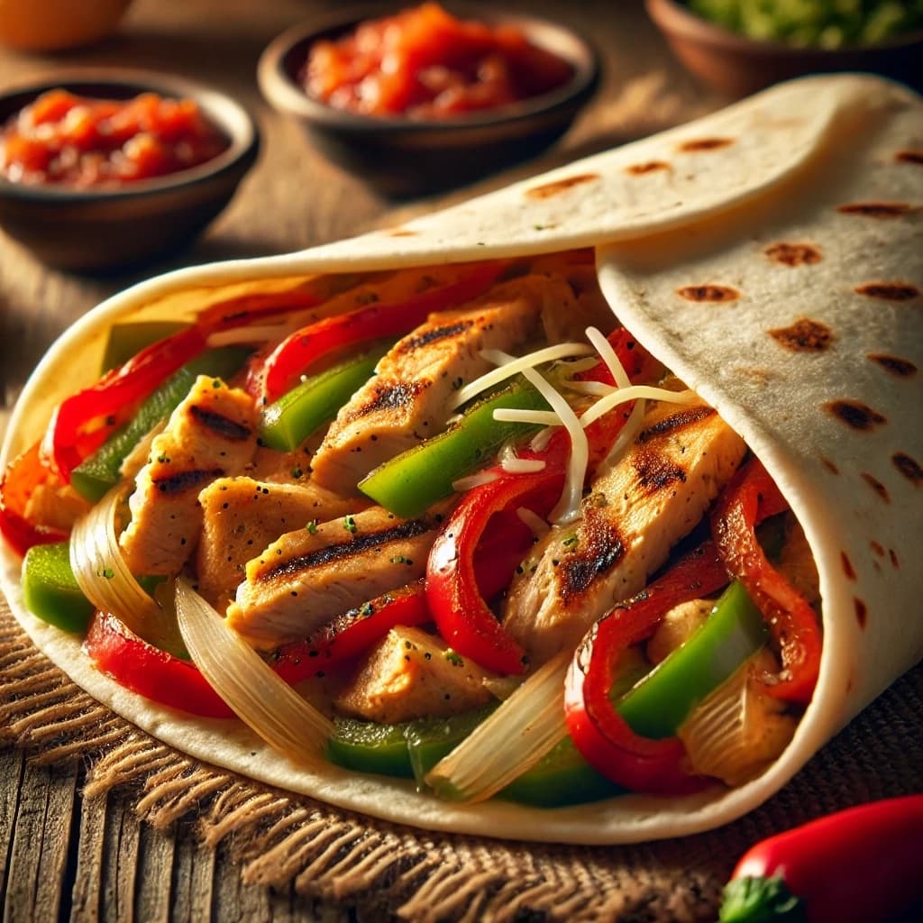 فاهيتا فراخ مكسيكية بشرائح الدجاج المتبلة المشوية مع الفلفل والبصل مقدمة في خبز تورتيلا طري