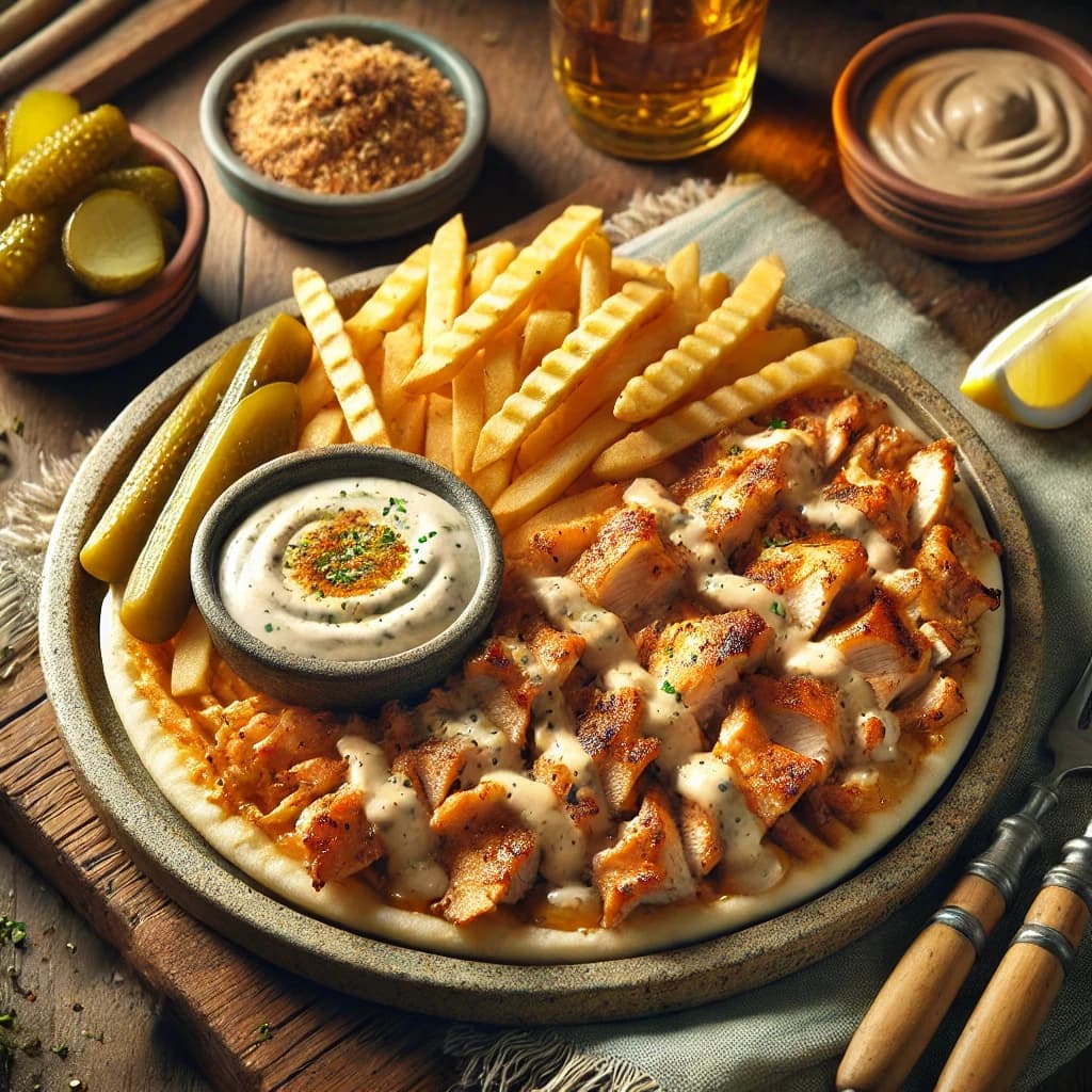 طبق شاورما فراخ بالطحينة في صحن مع شرائح دجاج محمرة وصوص الطحينة والبطاطس المقرمشة