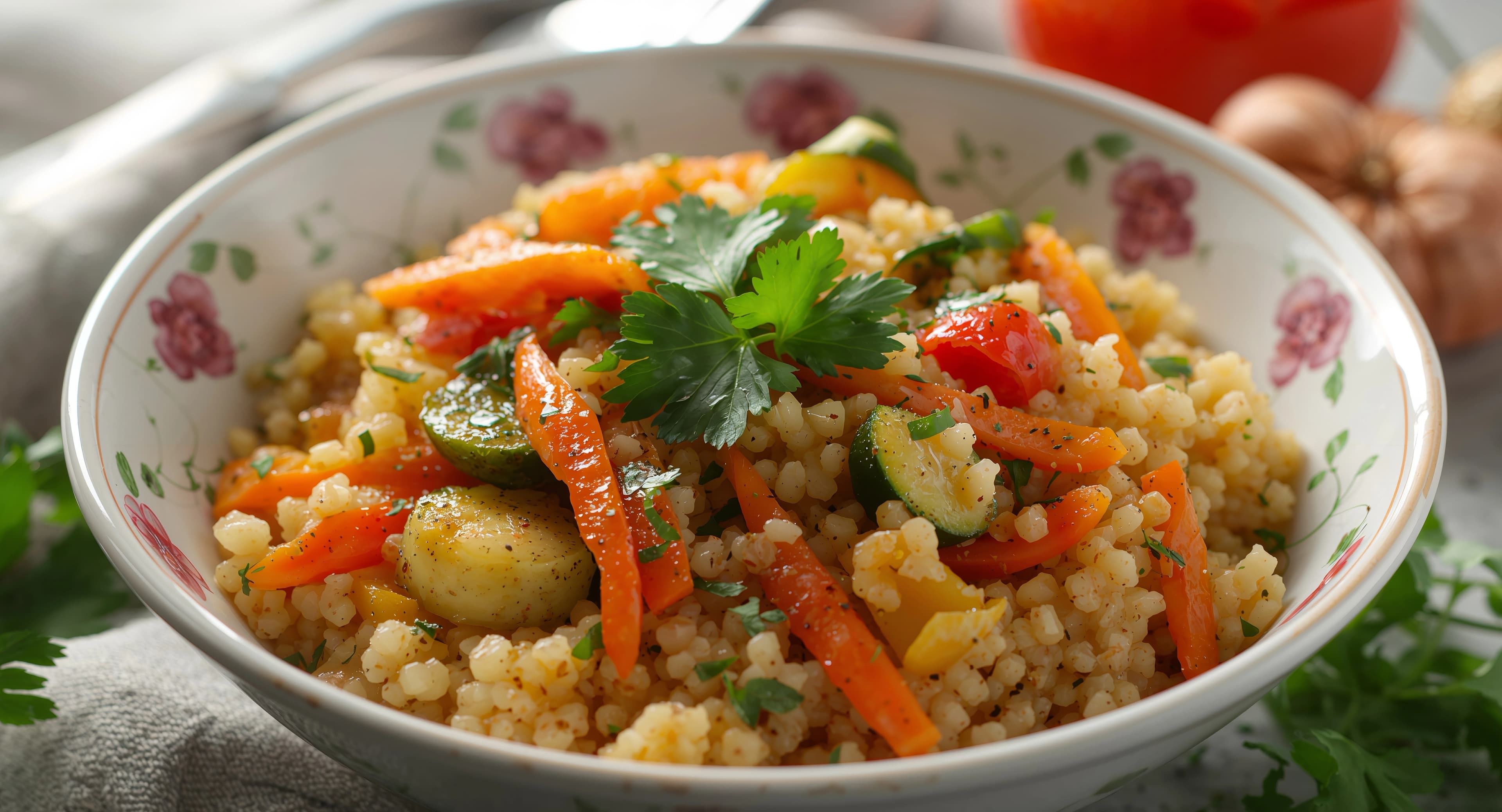 كسكس بالخضار مغربي تقليدي بحبات كسكس هشة وخضروات مطهوة في مرق متبل يقدم بشكل شهي