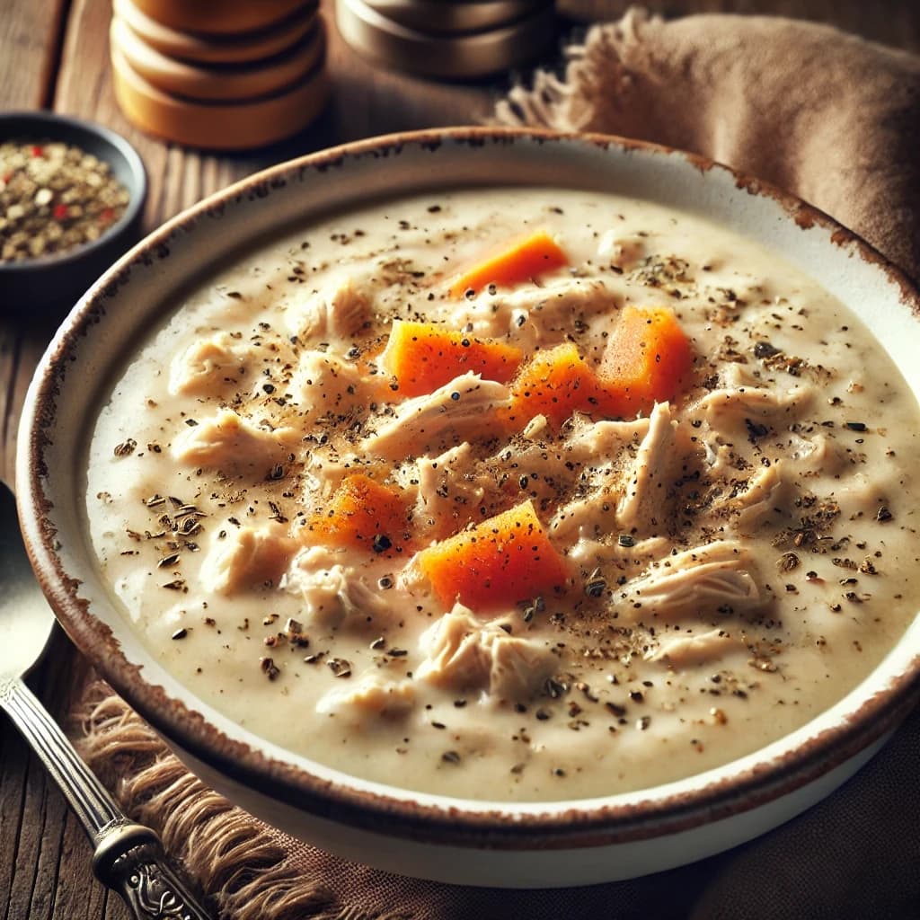 شوربة كريمة الدجاج بقوام كريمي ناعم مع قطع دجاج وخضار مقدمة ساخنة بشكل منزلي شهي