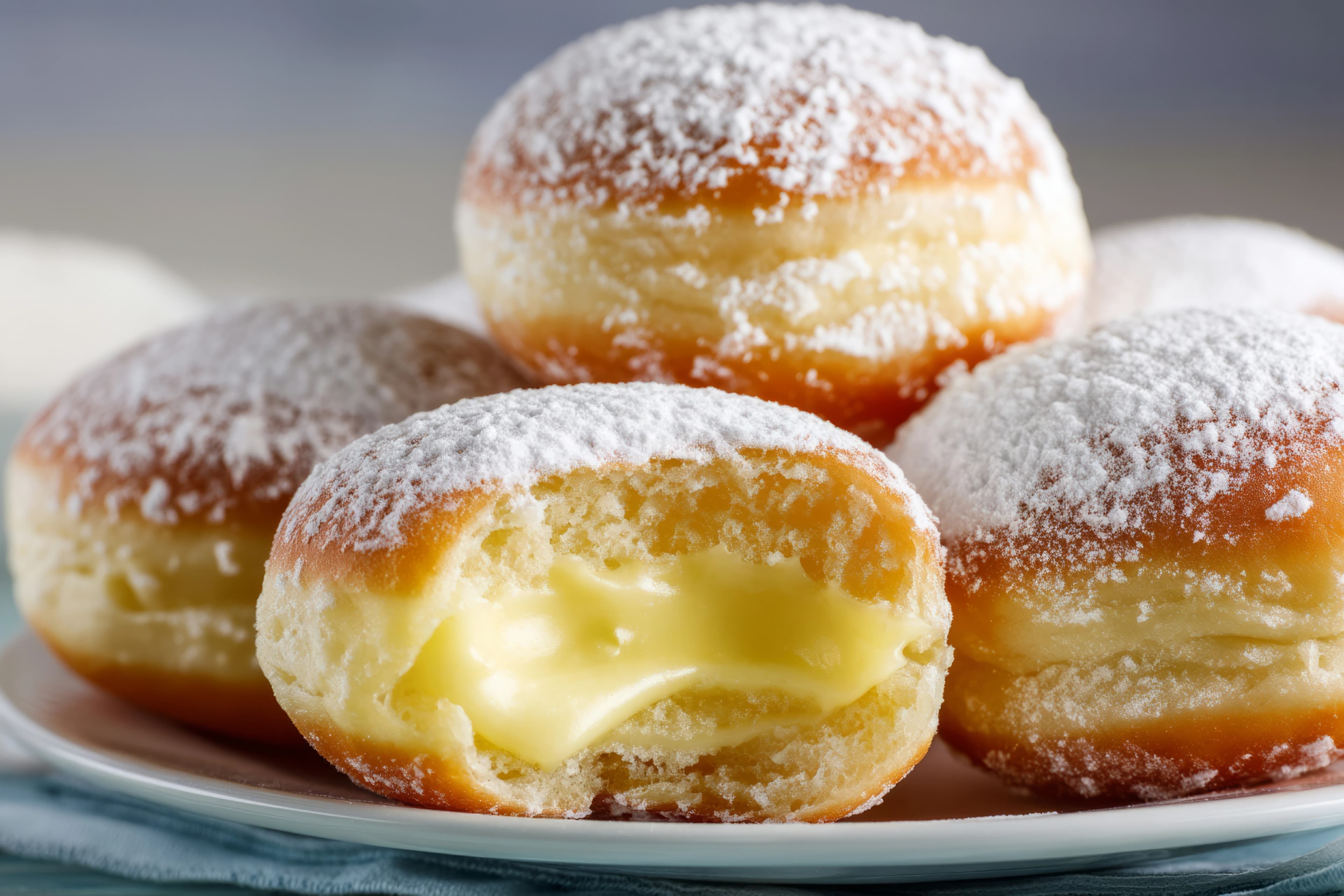 دونات محشو كريمة بعجينة ذهبية هشة ومحشوة بكريمة ناعمة ومقدمة مع سكر بودرة بشكل شهي