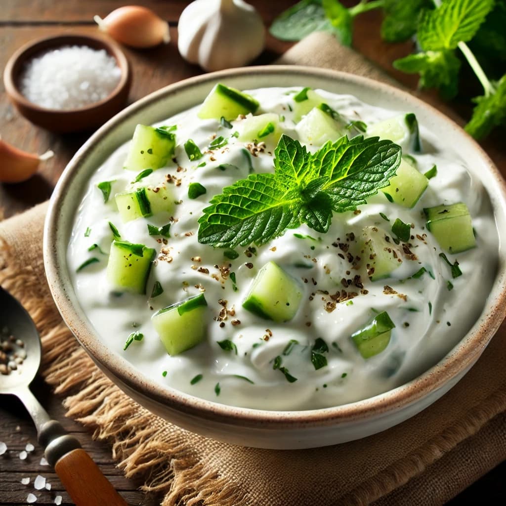 سلطة خيار بالزبادي والنعناع في طبق أبيض مع أوراق نعناع للتزيين