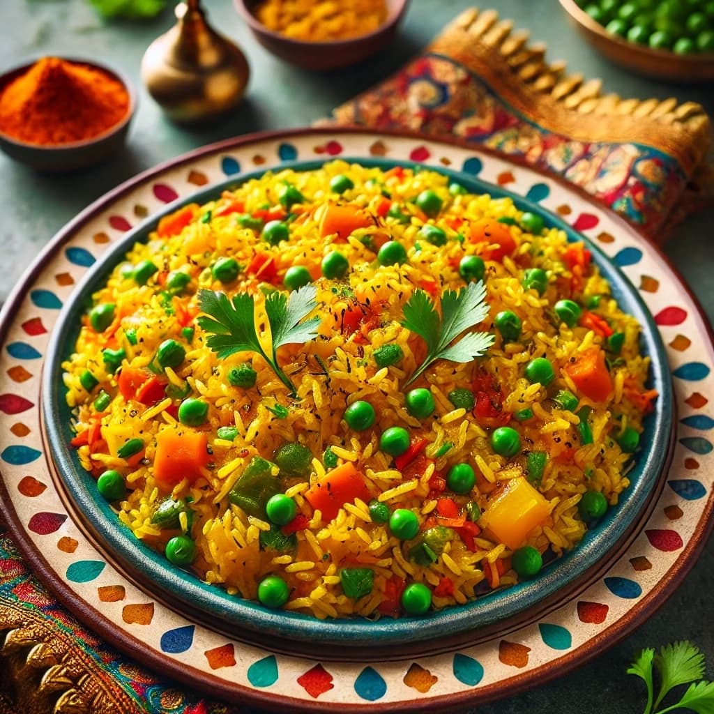 أرز بالكاري والخضار الملون مع الخضروات الطازجة على الطريقة الهندية