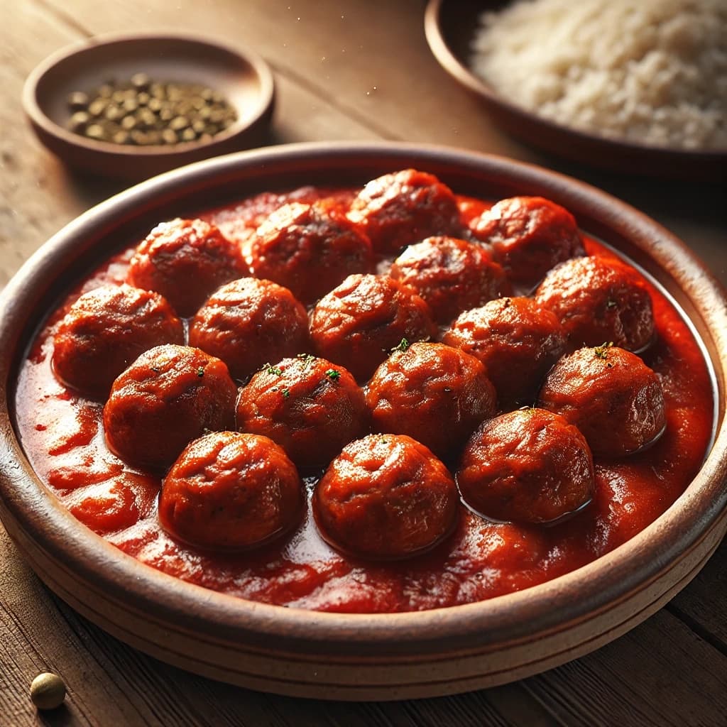 كفتة داوود باشا بالصلصة في طاجن فخار مع صلصة طماطم غنية وأرز أبيض بجانبها