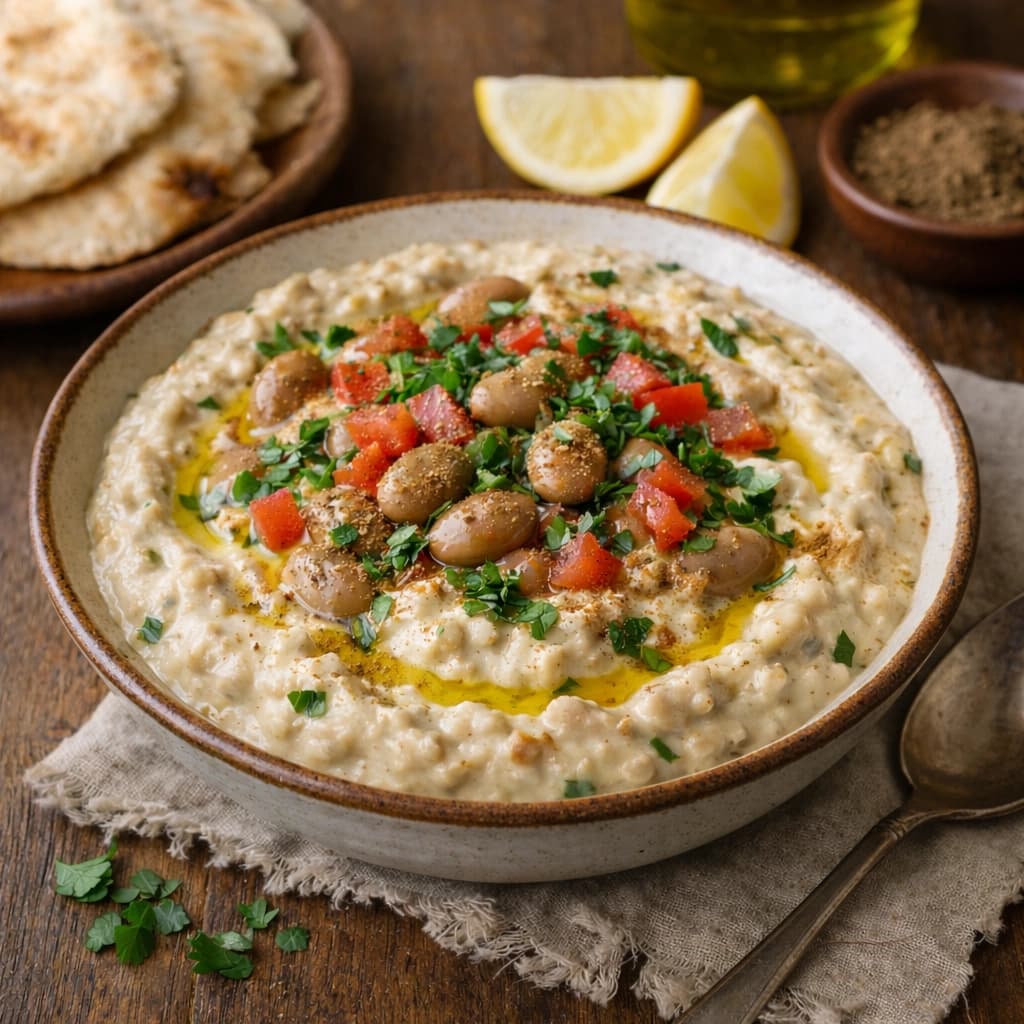 فول بالطحينة والليمون طبق كريمي شهي مع لمسة ليمون منعشة