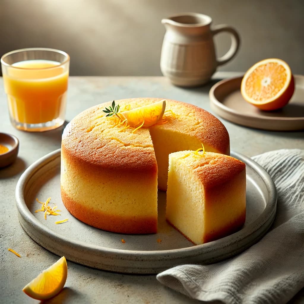 كيكة برتقال هشة بقوام خفيف ورائحة عطرية محضرة بعصير البرتقال الطازج ومقدمة بشكل منزلي شهي